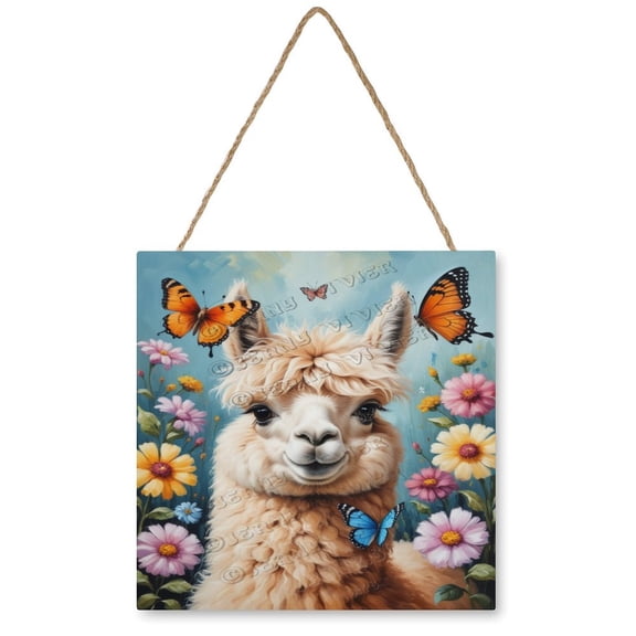 Alpaca Themed Wooden Hanging Sign - Retro Nature Decor for Bedrooms, Nurseries, and Cozy Home Accents, 12"x12"