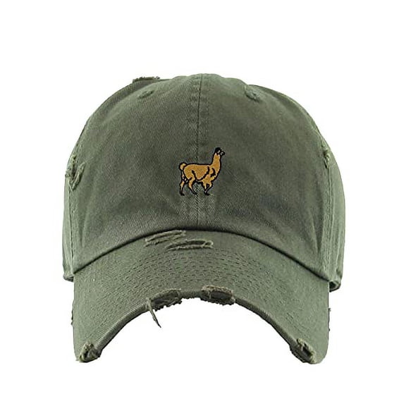 Alpaca Vintage Baseball Cap Embroidered Cotton Adjustable Distressed Dad Hat Olive