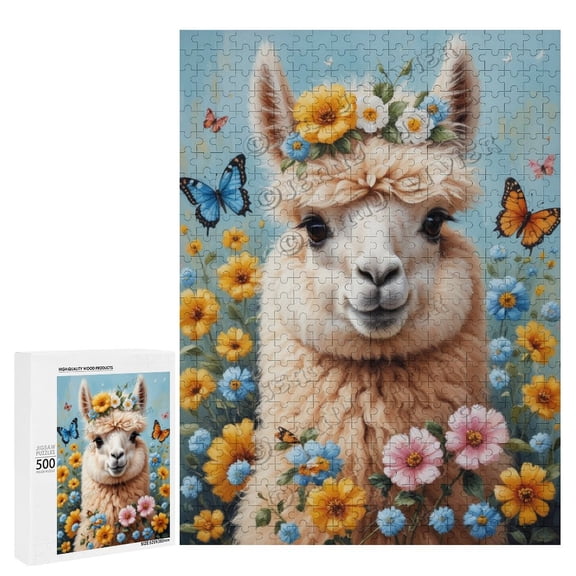 Alpaca With Flower Oil Painting 500-Piece Puzzle for Adults - A Fun and Relaxing Way to Celebrate Your Love for Llamas,Wooden
