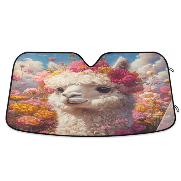 Alpaca and Flower Car Windshield Sun Shade Foldable Car Front Window Visor Heat and UV Protection 53x23.5