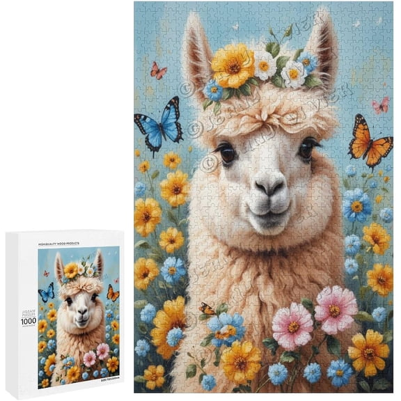 Alpaca with Flower Oil Painting 1000-Piece Puzzle for Adults - A Fun and Relaxing Way to Celebrate Your Love for Llamas,Wooden,Customized