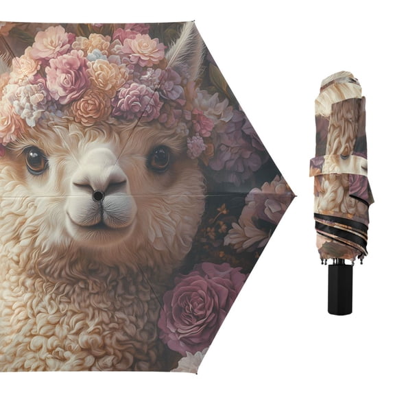 Alpaca with Rose Compact Sun Umbrella Windproof Travel Umbrellas for Rain Strong Portable UV Protection