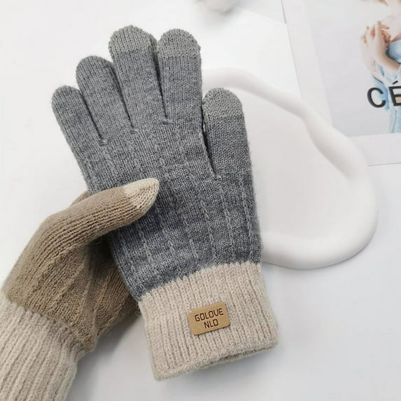 Alpaca wool knitted touch screen gloves women's autumn and winter warm outdoor anti-freezing fleece-lined thickened full finger gloves