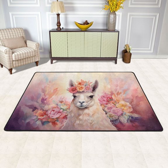 Alpacas Flowers Area Rug Washable 72 x 48 Floor Carpet Mat Non Slip for Bedroom Living Room Kids Room Home Decor