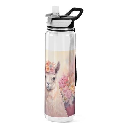 Alpacas Flowers Sports Water Bottle Portable Travel Mug 32oz BPA Free Leak Proof Straw Transparent Tritan for Gym Yoga Cycling Camping