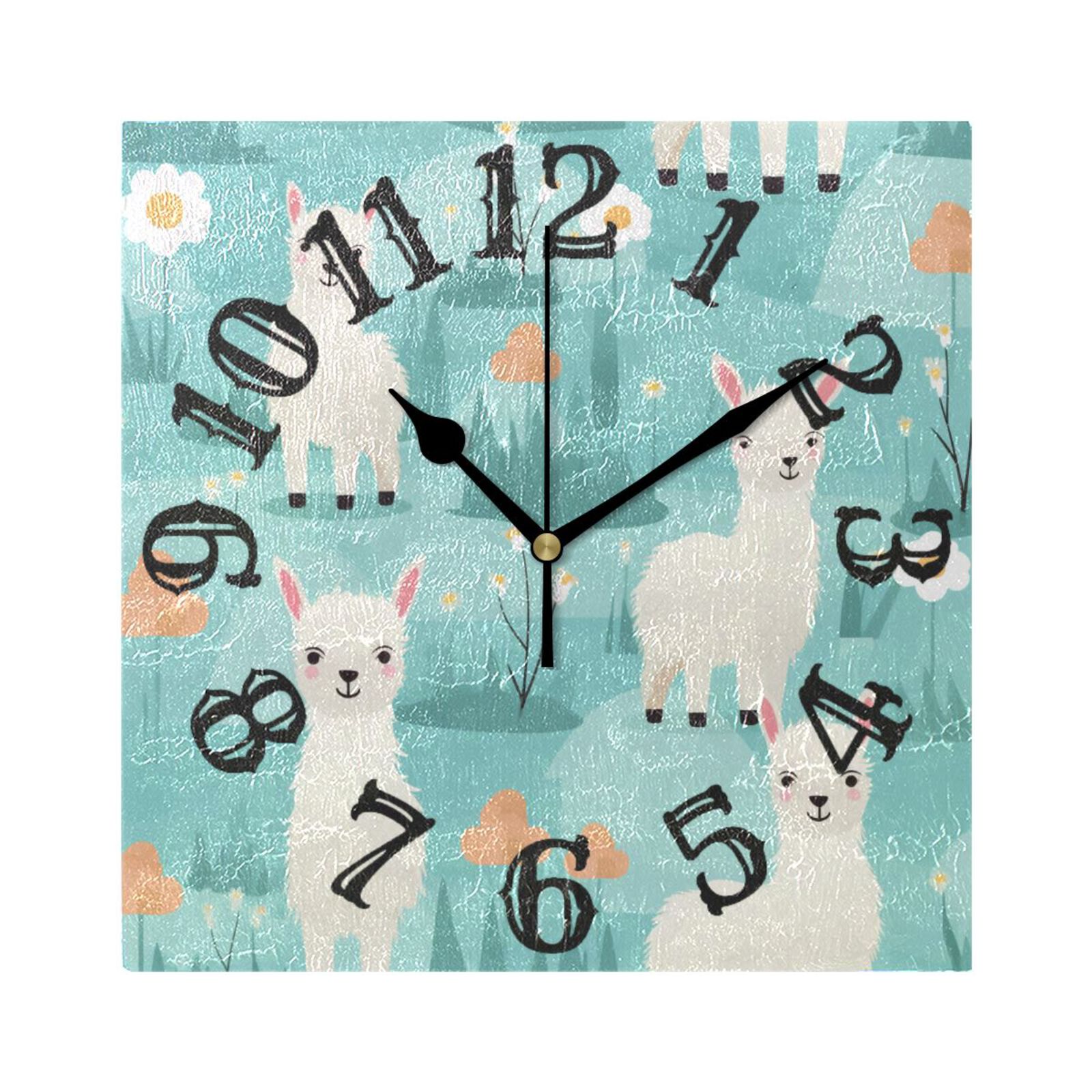 Alpacas Sheeps Flowers Leaves Wall Clock Square Silent Non Ticking ...