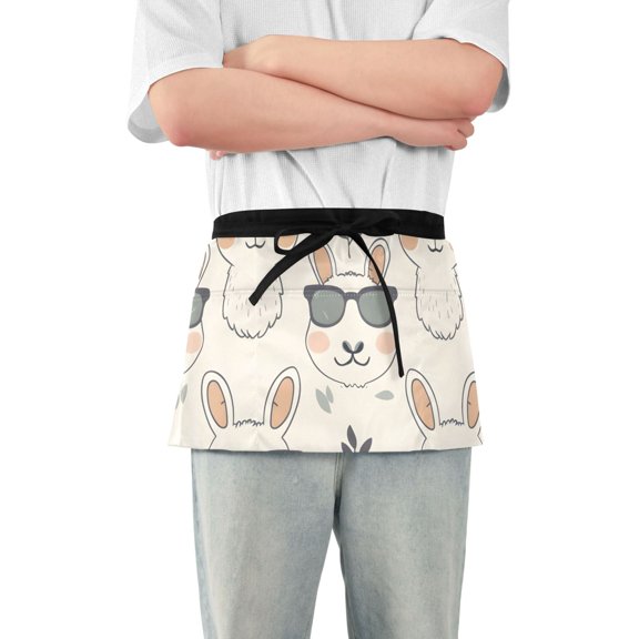 Alpacas with Sunglasses Leaves Short Server Apron with 3 Pockets for Unisex Chef Gardening