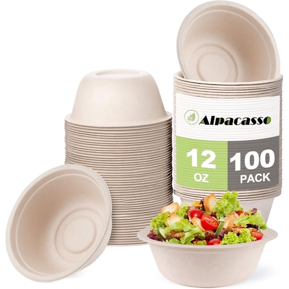 Alpacasso Paper Bowls,Disposable Bowls, Eco-Friendly Heavy-Duty Round Bowls,12 oz,100 Pack