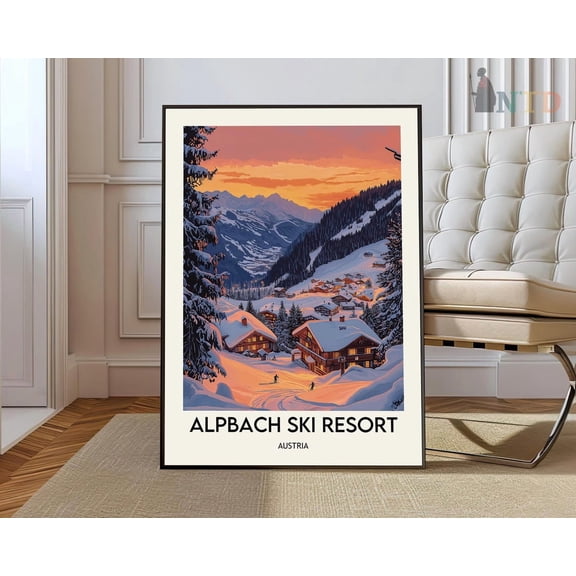 Alpbach Austria Ski Resort Poster, Alpine Winter Travel Art