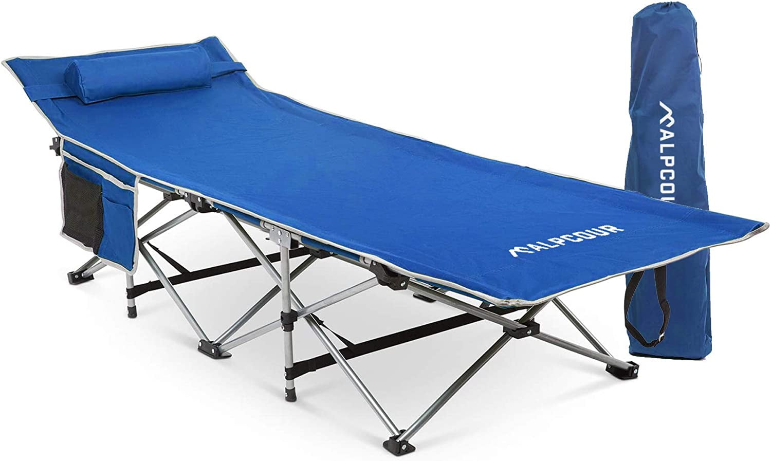 Royal Blue Steel Folding Camping Cot with Pillow