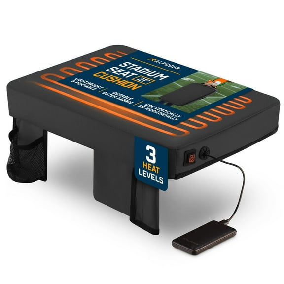 Alpcour Portable Extra Thick Heated Stadium Seat Cushion  Bleacher Cushion with Side Pocket, Cup Holder, Waterproof, Anti-Slip, and Straps  Perfect for Football Seats and Bench Seats for Bleachers