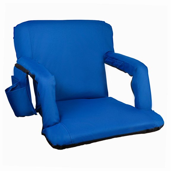 Alpcour Reclining Stadium Seat with Armrests and Side Pockets - Blue - Portable Stadium Chair with Backs and Durable Waterproof Padded Cushion for Bleachers, Camping, Lawns, and Beach