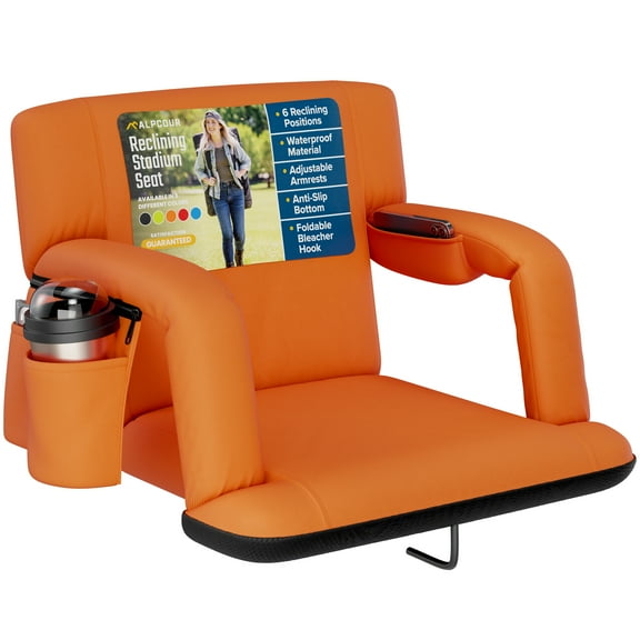 Alpcour Reclining Stadium Seat - Waterproof Foldable Camping Chair with Extra Thick Padding and Wide Back Support - Orange