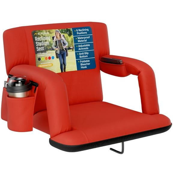 Alpcour Reclining Stadium Seat - Waterproof Foldable Camping Chair with Extra Thick Padding and Wide Back Support - Red