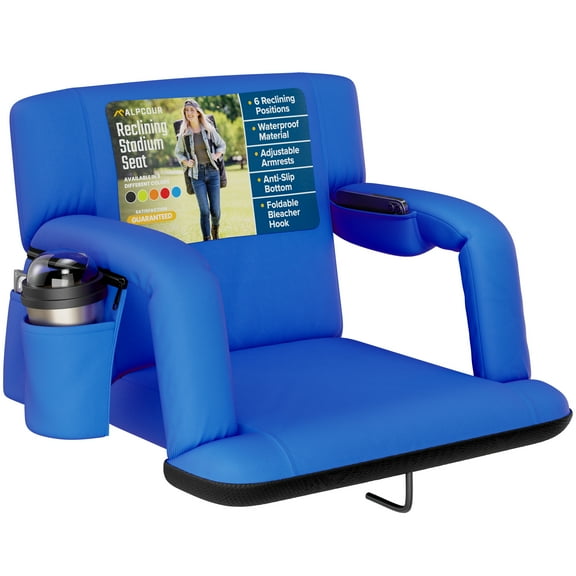 Alpcour Portable Reclining Stadium Seat with Arms, Extra Thick Padding, Wide Back Support - Royal Blue