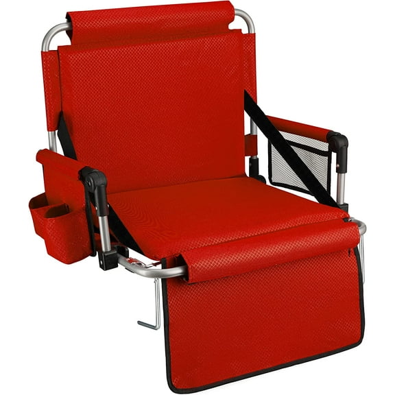 Alpcour Stadium Seat - Foldable, Padded Bleacher Chair with Backrest, Armrest, Pockets, & Cup Holder - Red