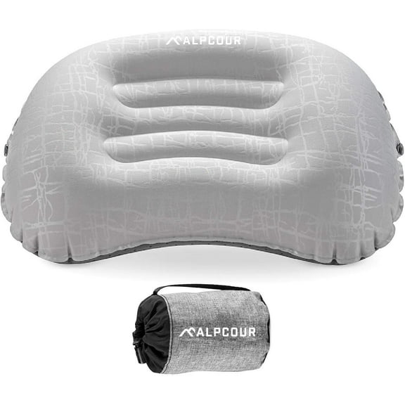 Alpcour Ultralight Inflatable Camping Pillow - Compact Travel Essential with Carry Case - Frost Grey