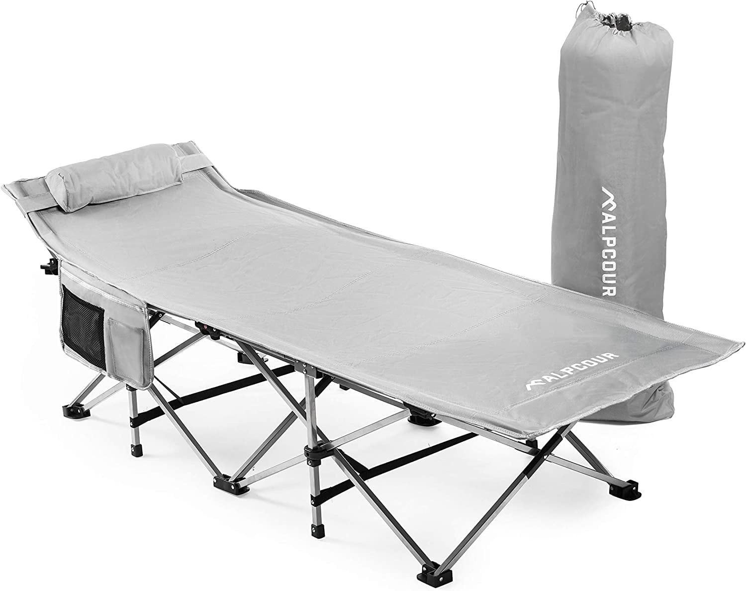 Alpcour XL Gray Folding Camping Cot with Pillow and Steel Frame