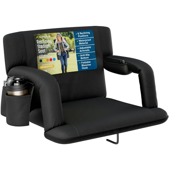 Alpcour Oversized Reclining Stadium Seat - Waterproof Folding Chair with Thick Padding & Wide Back Support - Black