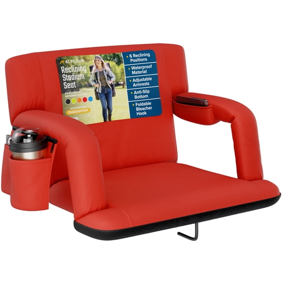 Alpcour X-Wide Reclining Stadium Seat - Waterproof Foldable Camping Chair with Extra Thick Padding and Wide Back Support - Red