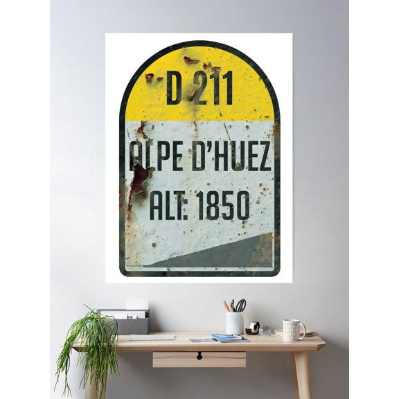 Alpe D'Huez France Kilometre Marker Vintage Metal Effect Sticker & T-Shirt Poster Wall Art, Modern Wall Decor For Living Room Bedroom, 8x12 UNFRAMED