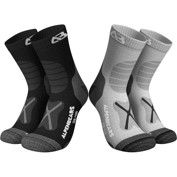 Alpen Bears Merino Wool Hiking Socks 2-Pair - Wool Socks for Men, Women & Kids - Warm, Moisture-Wicking, Anti-Blister Trekking Socks - Suitable for All Outdoor Adventures - (Black/Grey, 6-9)