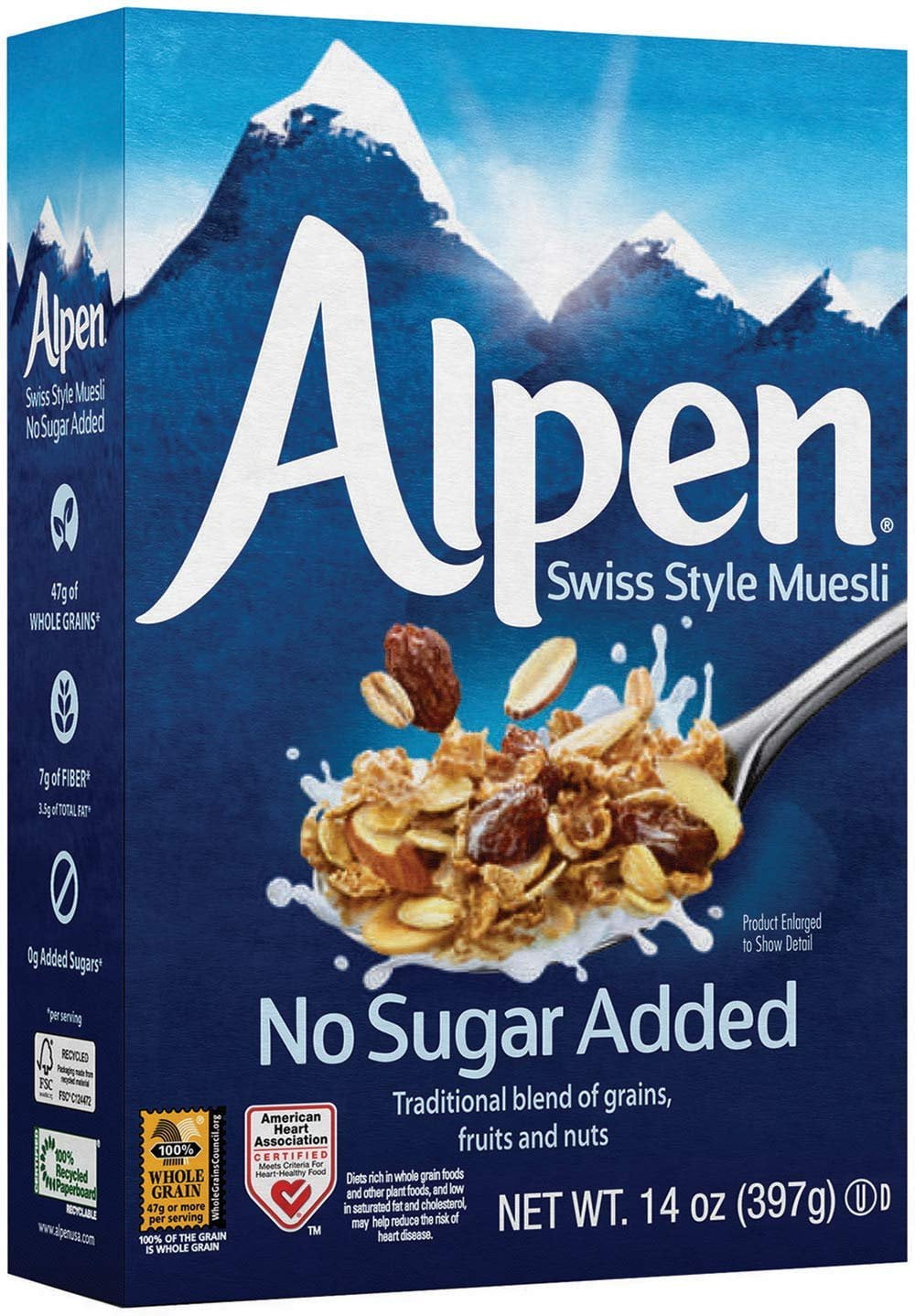 Alpen No Sugar Added Muesli, Swiss Style Muesli Cereal, Whole Grain, Non-GMO Project Verified, Heart Healthy Kosher, Vegan, No Sugar Added, 14 Ounce