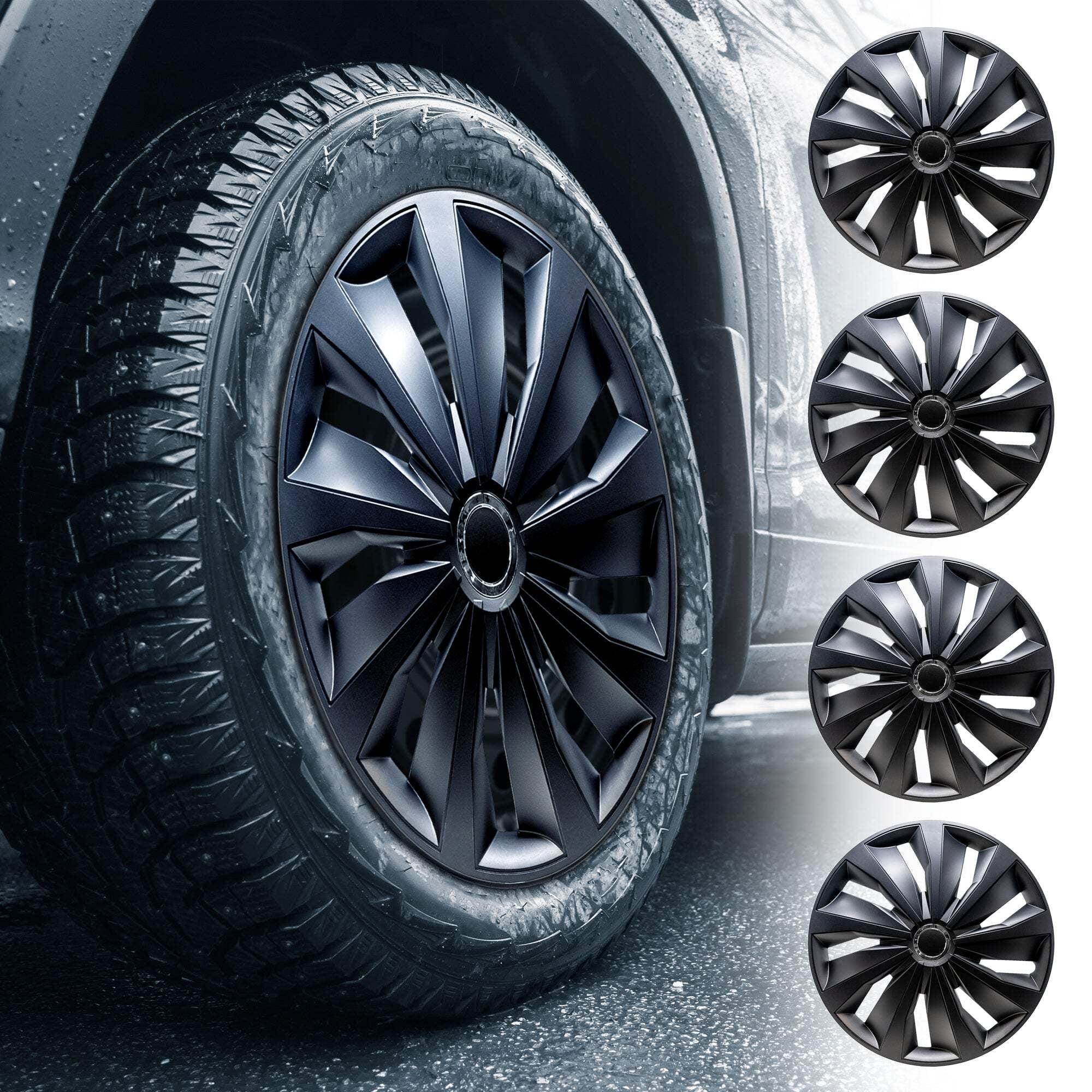 Alpena Action Black Wheel Covers – Set of 4, Matte Black, European-Made Hubcaps – 16-Inch Universal Fit for Cars