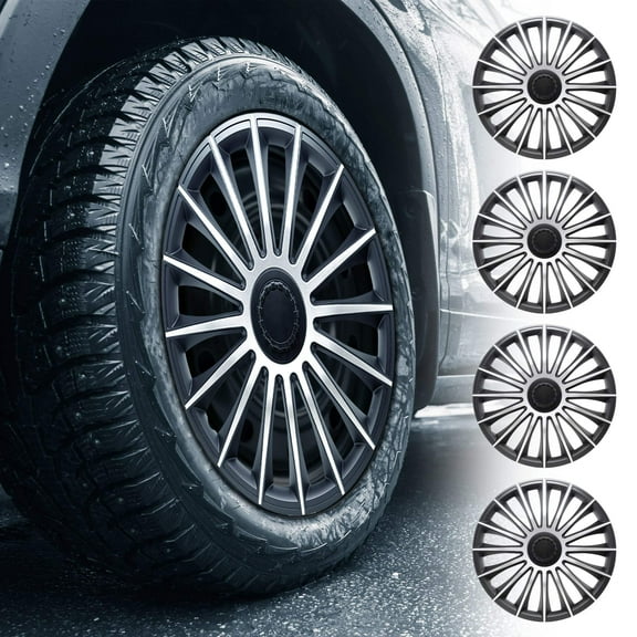 Alpena Austin Black & Silver Wheel Covers – Set of 4, European-Made Hubcaps – 15-Inch Universal Fit
