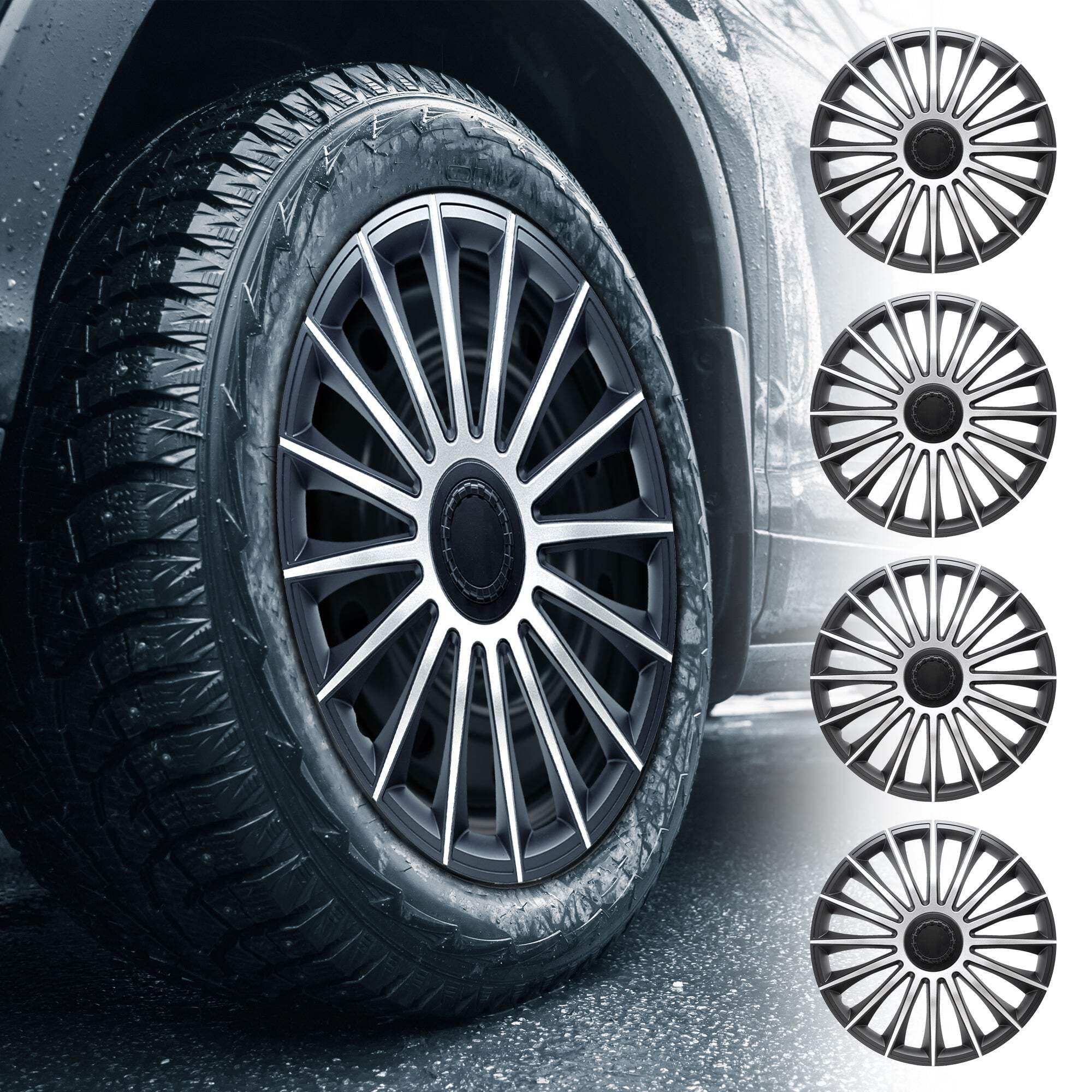 Alpena Austin Black & Silver Wheel Covers – Set of 4, European-Made Hubcaps – 16-Inch Universal Fit