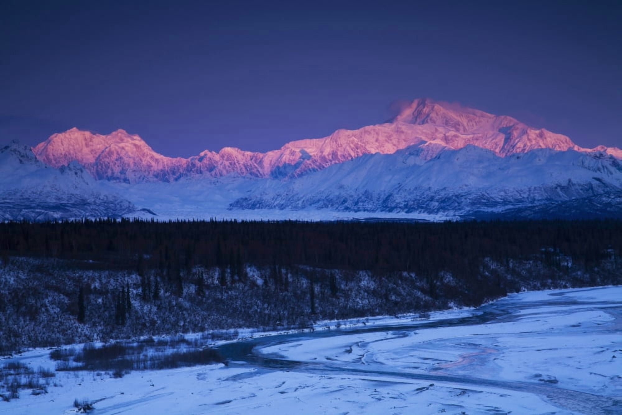 Alpenglow on Mt McKinley and Mt Hunter as seen from the Denali South Overlook along the Parks Highway Denali State Park Alaska Winter Canvas Art - Lucas Payne Design Pics (19 x 12)