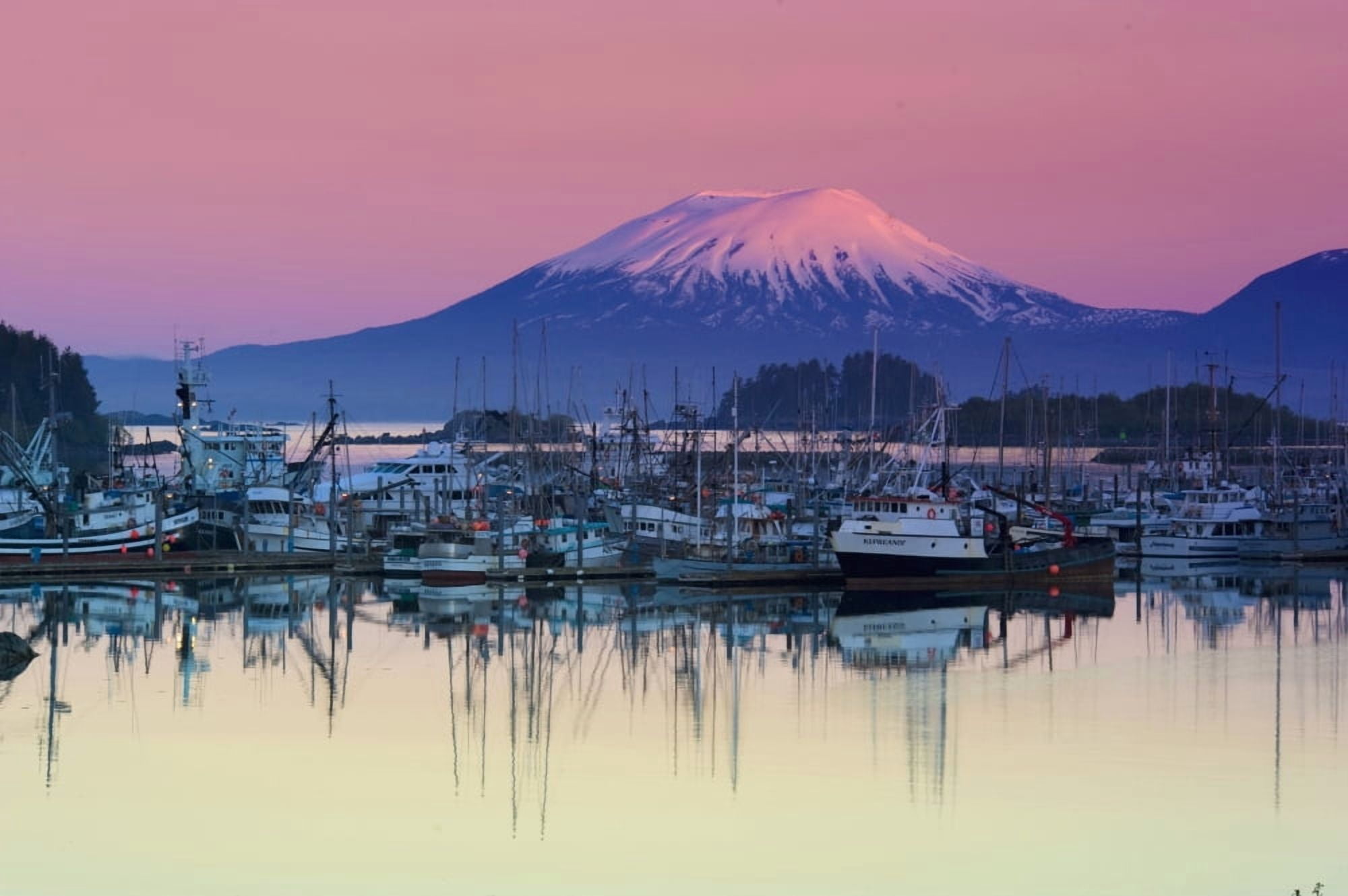 Alpenglow Sunrise On Mt Edgecumbe And The Small Boat Harbor In Sitka Alaska Canvas Art - Daryl Pederson Design Pics (34 x 22)