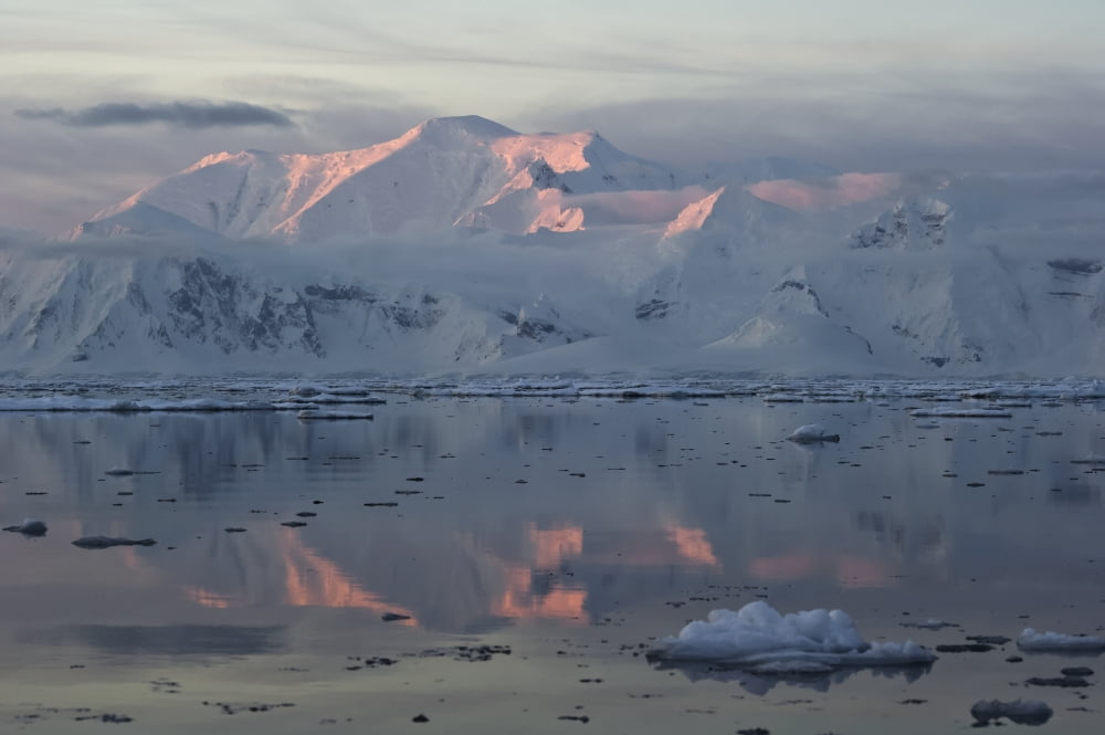 Alpenglow at sunset on a snow covered mountain range Gerlache Strait Antarctic Peninsula Canvas Art - Daisy Gilardini Design Pics (38 x 24)