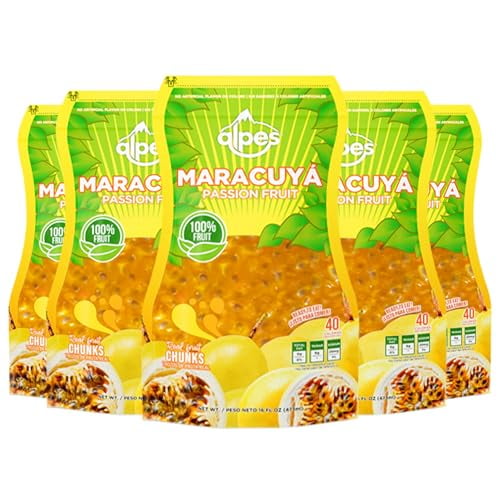 Alpes Passion Fruit Pulp | Real Tropical Maracuya (Lilikoi). Ideal for Cocktails, Juices, Smoothies, Desserts, Sauces & More. Premium Fruit Puree (16 fl oz) by California Food Corp. 5 Packs