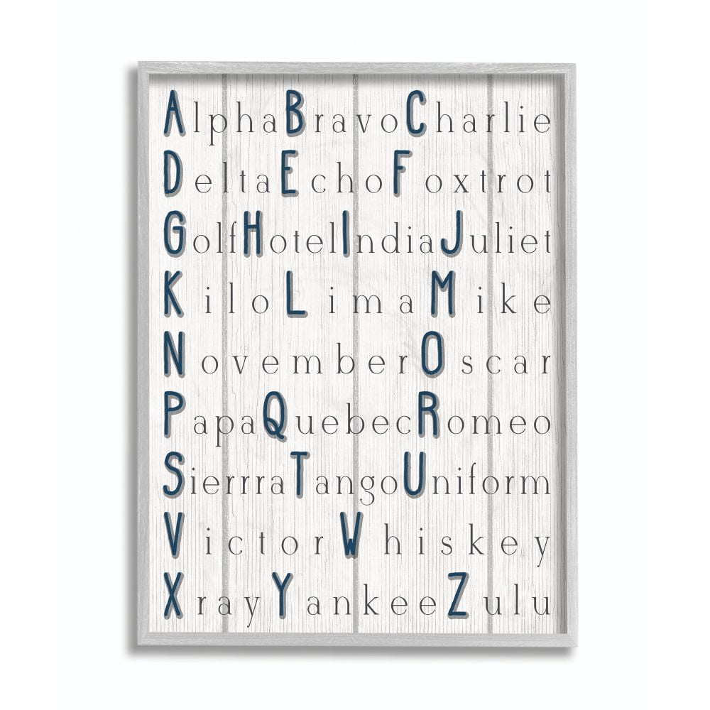 Alpha Bravo Charlie Kids Alphabet Word Design Gray Farmhouse Rustic Oversized Framed Giclee Texturized Art by Daphne Polselli