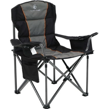 Alpha Camp Foldable Camping Chair Oversized Padded Heavy Duty Portable Quad Chair with Cooler Bag & Cup Holder, Black
