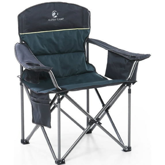 Alpha Joy Oversized Camping Chair Portable Padded Quad Chair Heavy Duty Lawn Chair Steel Frame Arm Chair with Cooler 450LBS Weight Capacity Suitable for Outdoor Camping, Green,Adult