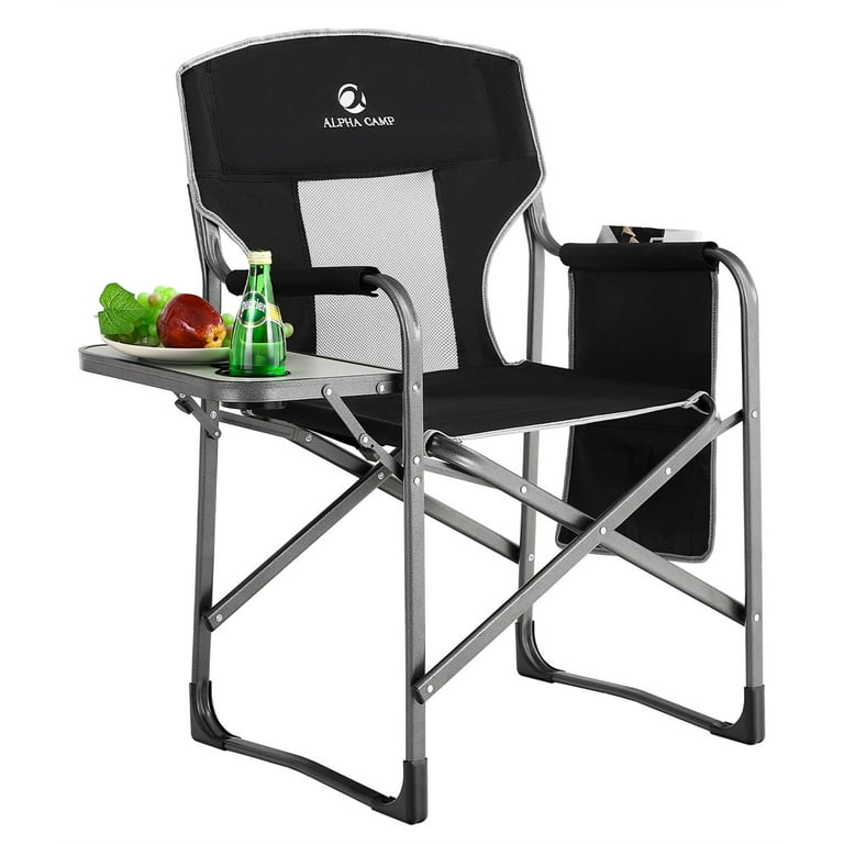 Alpha Camper Oversized Director Chair Portable Folding Camping Chair Heavy Duty Steel Frame Tailgating Chair with Side Table Pocket Gray Black