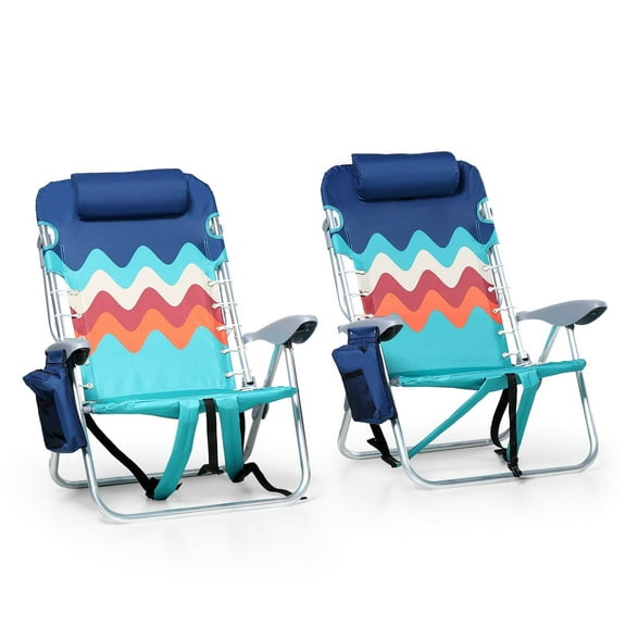 Alpha Joy Set of 2 Aluminum Portable Folding Beach Chairs Outdoor Lounge Chair with 4 Adjustable Positions & Cooler Bag, Wave Pattern, Blue