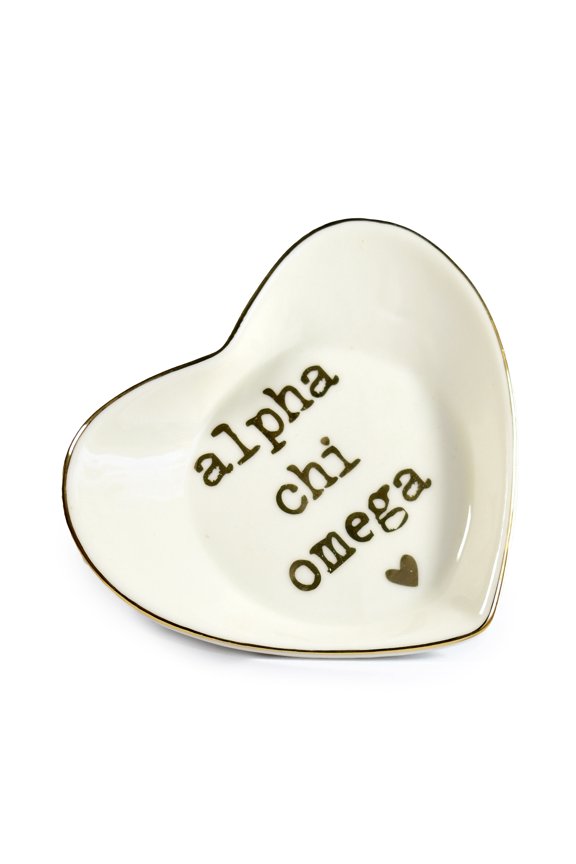 Alpha Chi Omega Jewelry Dish - Heart-Shaped High-gloss finish Ceramic tray with Gold Detailing, Multi-Function Ceramic Ring Dish for Home or Office, Ideal for Jewelry and Keys