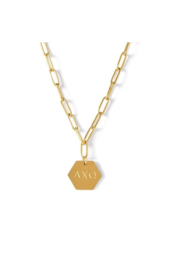 Alpha Chi Omega Necklace, 18k Gold Plated Paperclip Style Chain with Sorority Letters Pendant