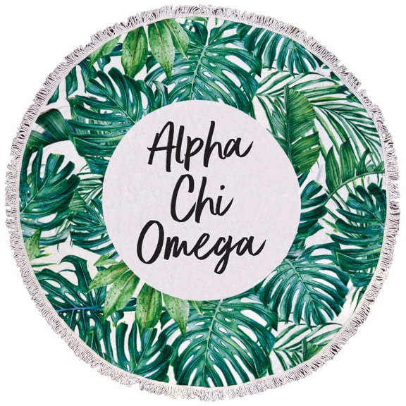 Alpha Chi Omega Palm Design Round Beach Towel with Fringes - 60", Round Beach Blanket, Soft Microfiber, Lightweight and Durable, Water Absorption, Quick Dry