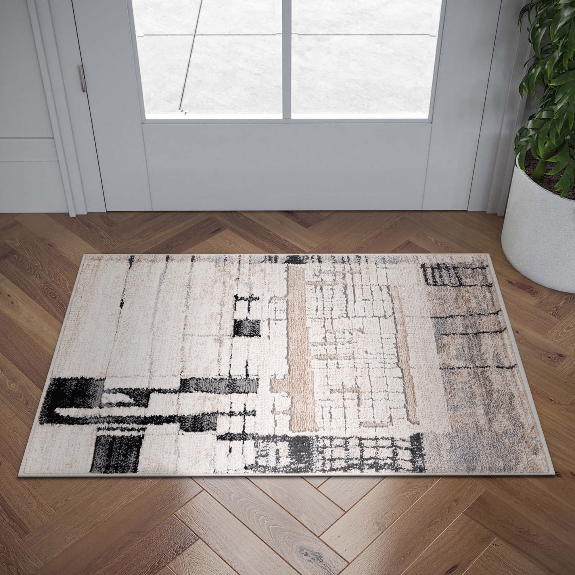 Alpha Contemporary 2' x 3' Beige and Black Polyester Indoor Area Rug