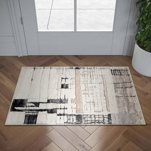 Alpha Contemporary 2' x 3' Beige and Black Polyester Indoor Area Rug