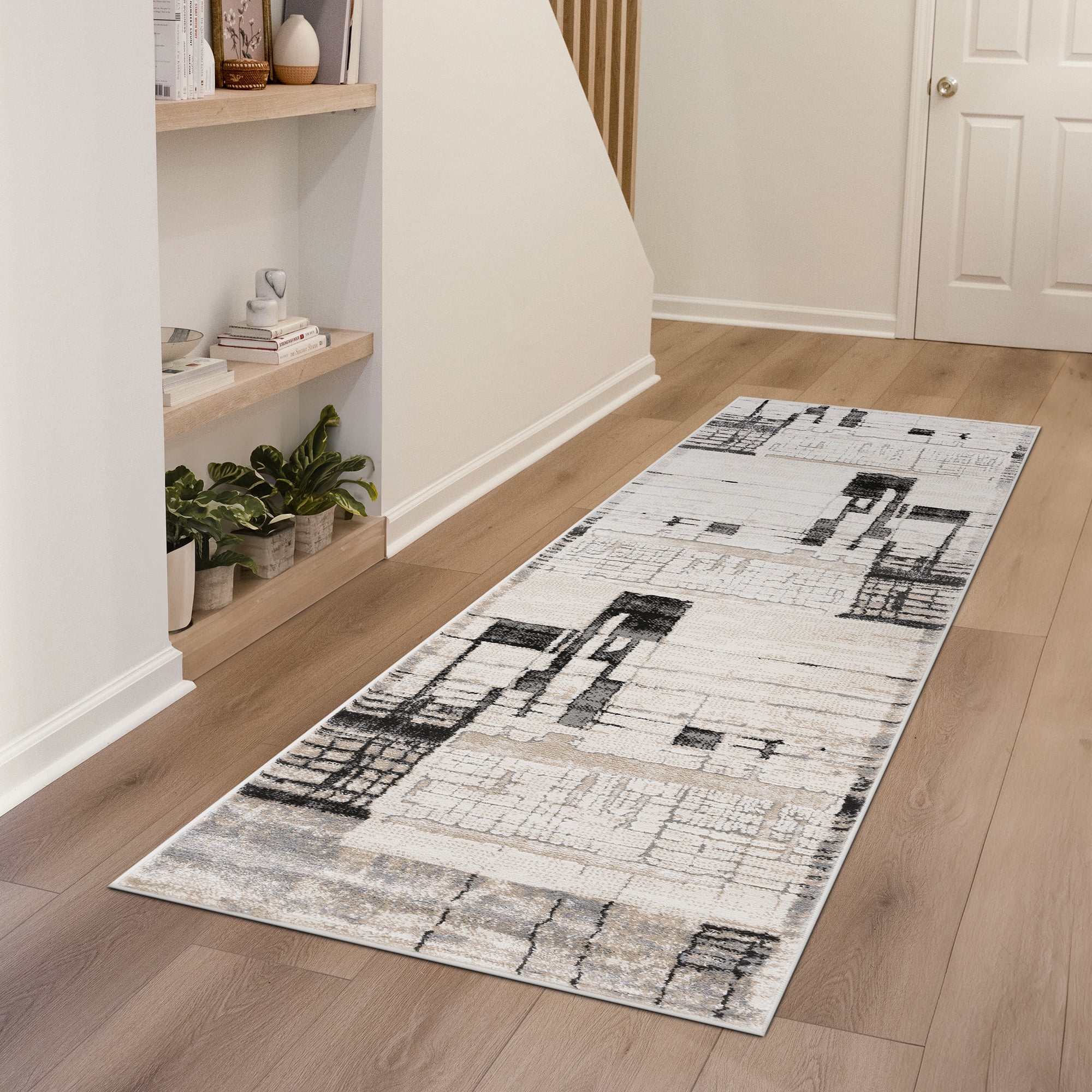 Alpha Contemporary 2' x 7' Beige and Black Polyester Indoor Area Rug