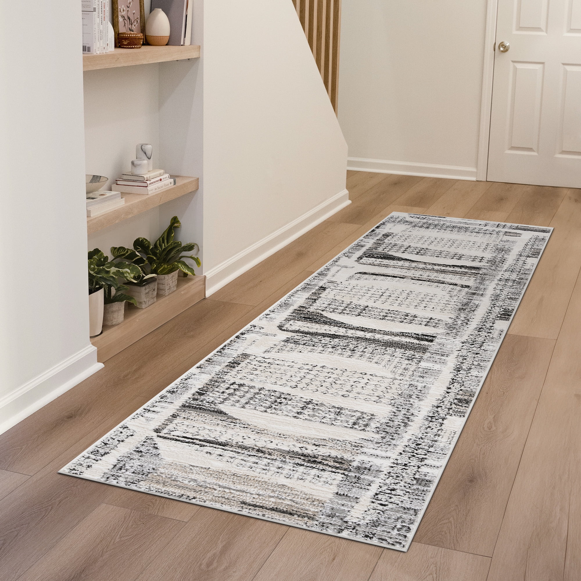 Alpha Contemporary 2' x 7' Gray and Beige Polyester Indoor Area Rug