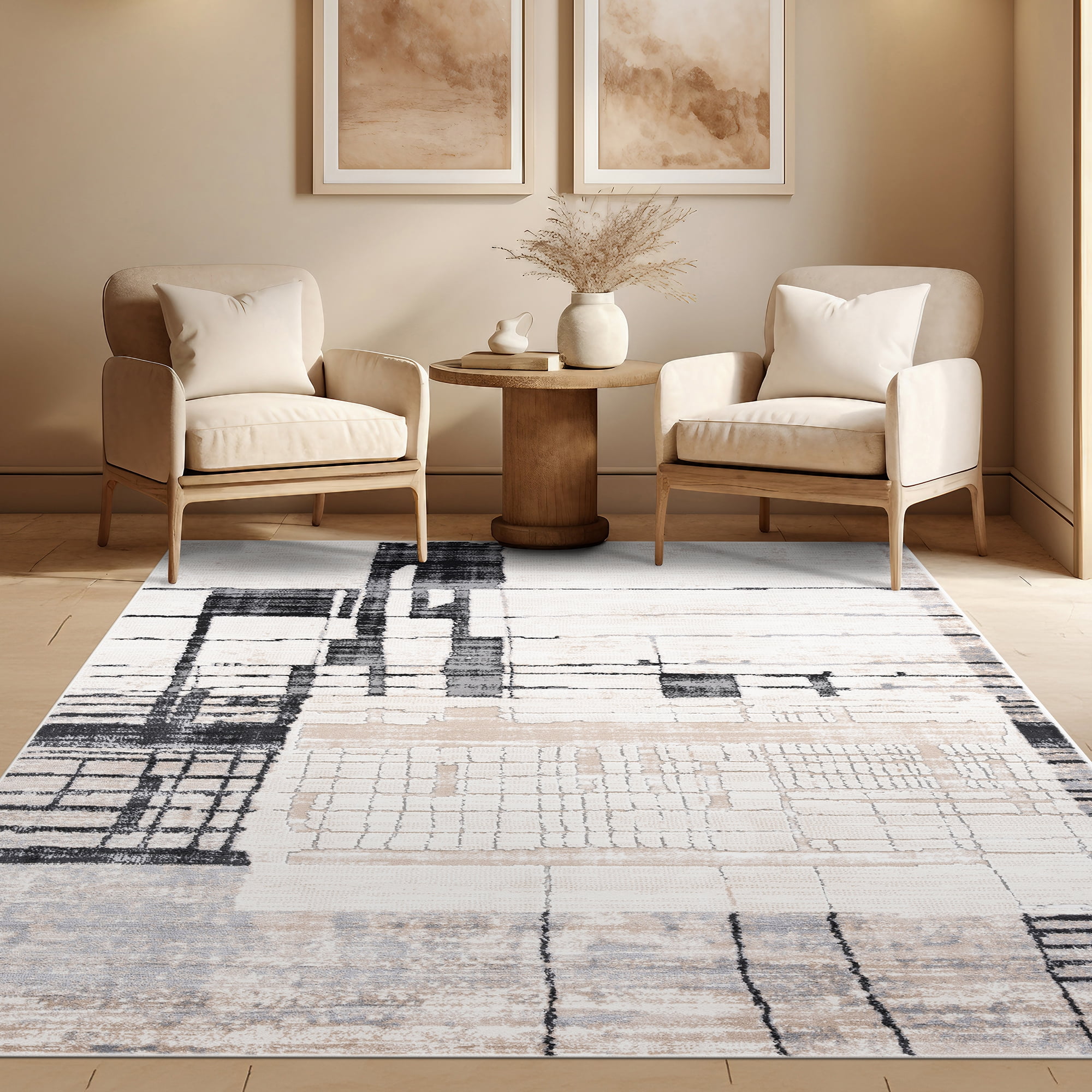 Alpha Contemporary 5' x 7' Beige and Black Polyester Indoor Area Rug