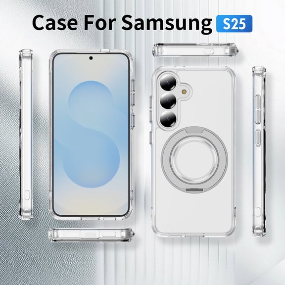 Alpha Digital Magnetic with Ring Stand Case for SAMSUNG S25, 360° Rotatable Invisible Ring Stand, Fit for MagSafe, Shock Absorption Bumper, 360° Shockproof, Transparent Protective Back Cover
