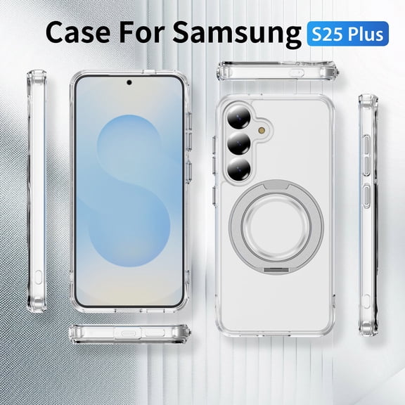 Alpha Digital Magnetic with Ring Stand Case for SAMSUNG S25 Plus, 360° Rotatable Invisible Ring Stand, Fit for MagSafe, Shock Absorption Bumper, 360° Shockproof, Transparent Protective Back Cover