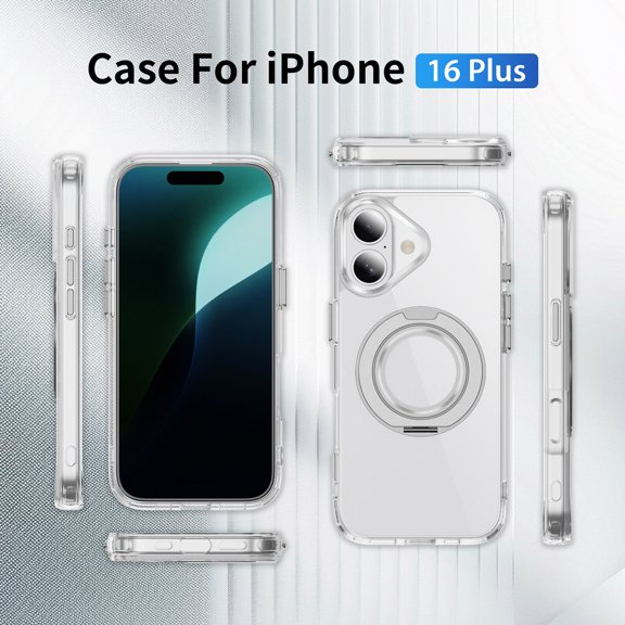 Alpha Digital Magnetic with Ring Stand Case for iPhone16 Plus, 360° Rotatable Invisible Ring Stand, Fit for MagSafe, Shock Absorption Bumper, 360° Shockproof, Transparent Protective Back Cover